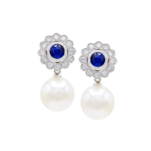 18K White Gold South Sea Pearls Blue Sapphire Earrings