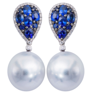 18K White Gold South Sea Pearls Blue Sapphire Earrings